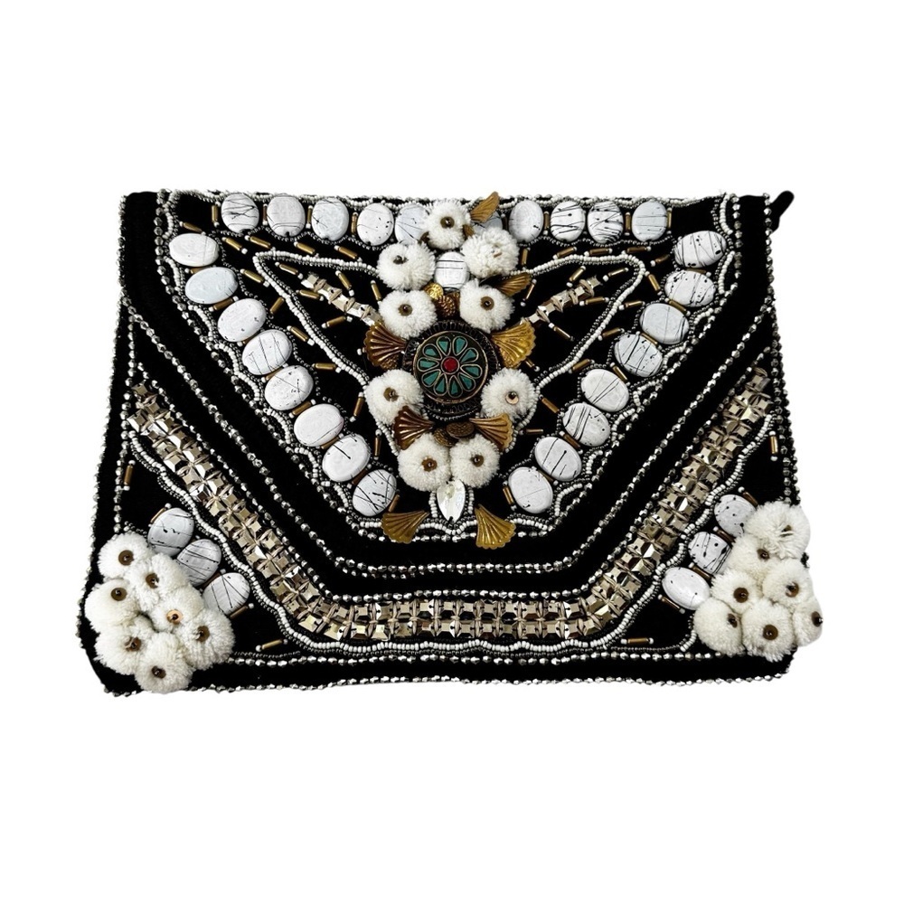 Antik Batik Cuzco Embroidered Beaded Convertible Clutch Black